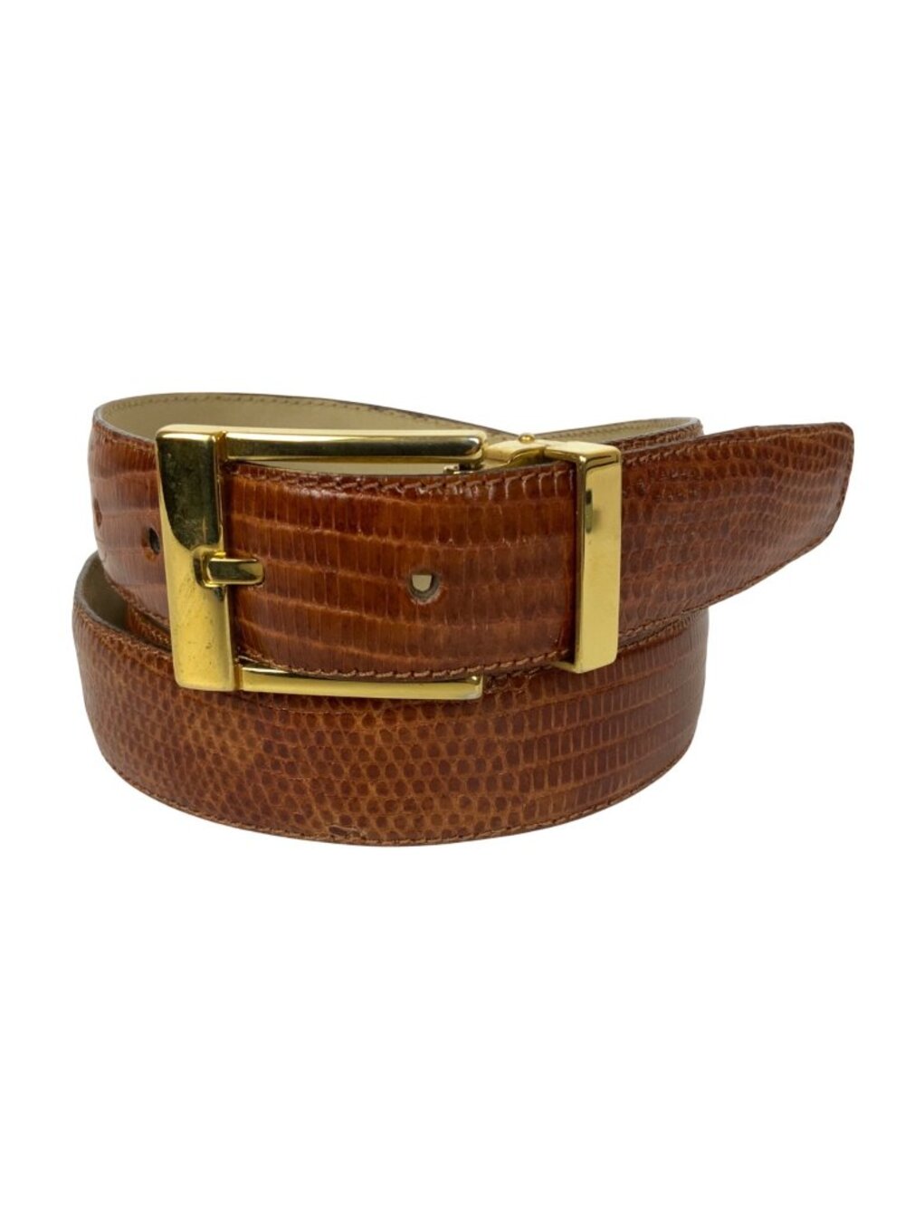 David Eden Mens Genuine Lizard Skin Brown Leather Belt Goldtone Buckle Size 42